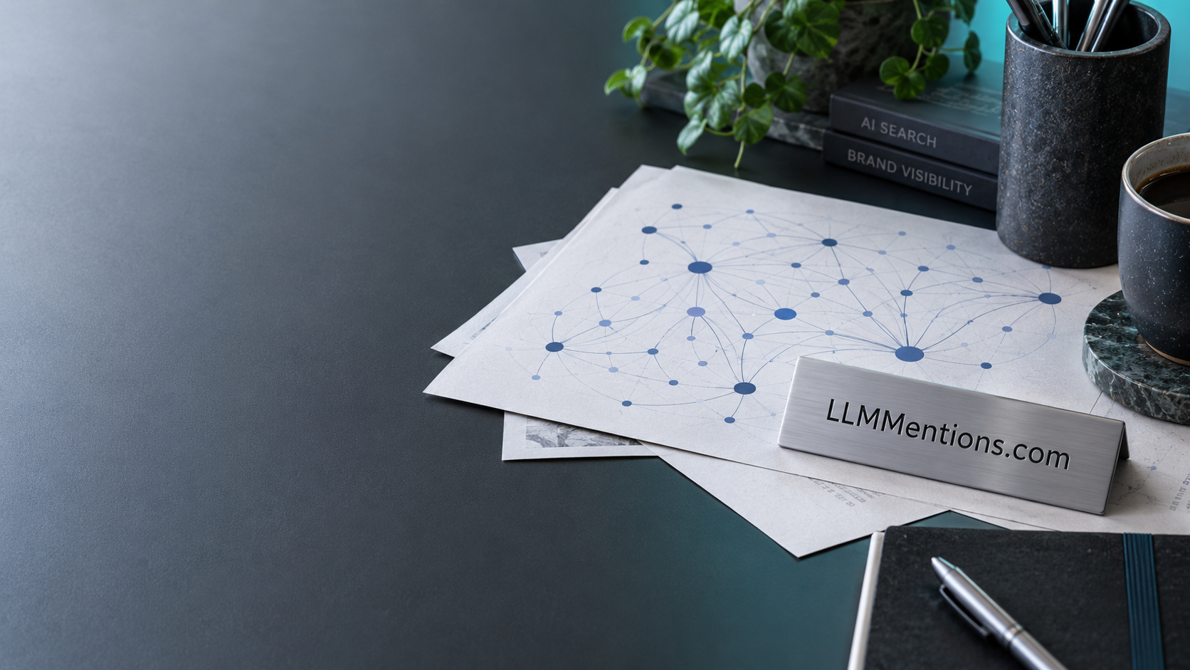 A printed citation graph and LLMMentions.com nameplate on a cool graphite desk