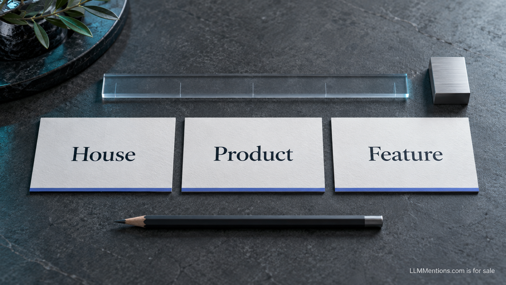 How to name an AI mentions product: LLMMentions.com on a considered workspace