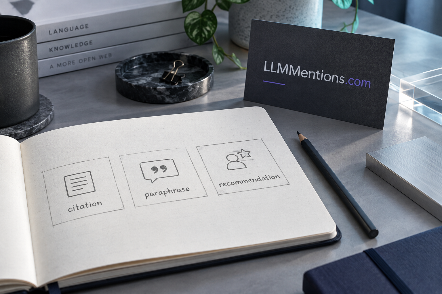 LLMMentions.com presented with graphite stationery and a citation study
